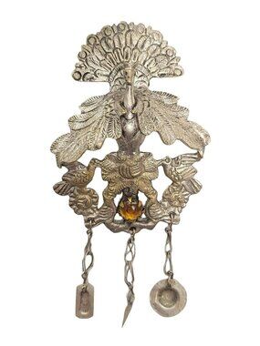 Antique Silver Plated Yellow Glass Cabochon Peruvian Peacock Mantu Shawl Pin
